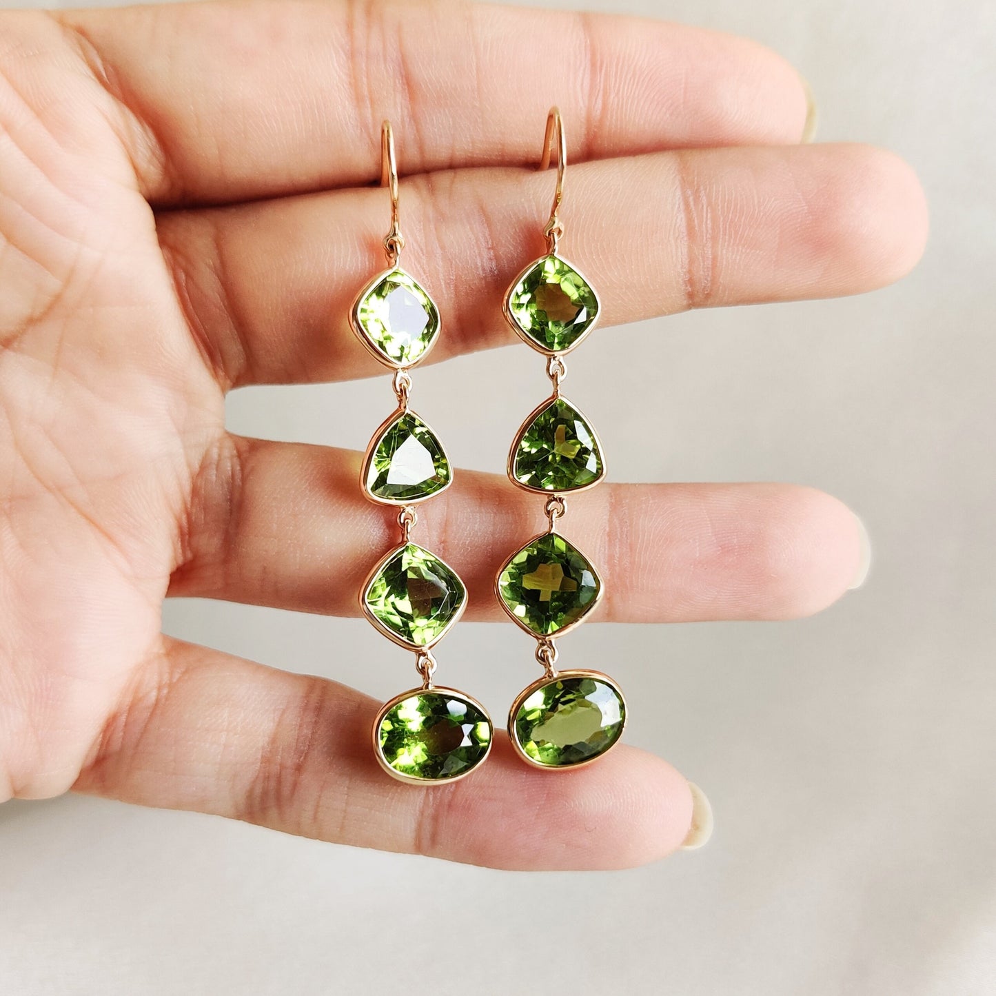 Natural Peridot Earrings, 14K Solid Gold Bezel Earrings, Peridot Danglers, August Birthstone Earrings, Christmas Present, Peridot Jewelry