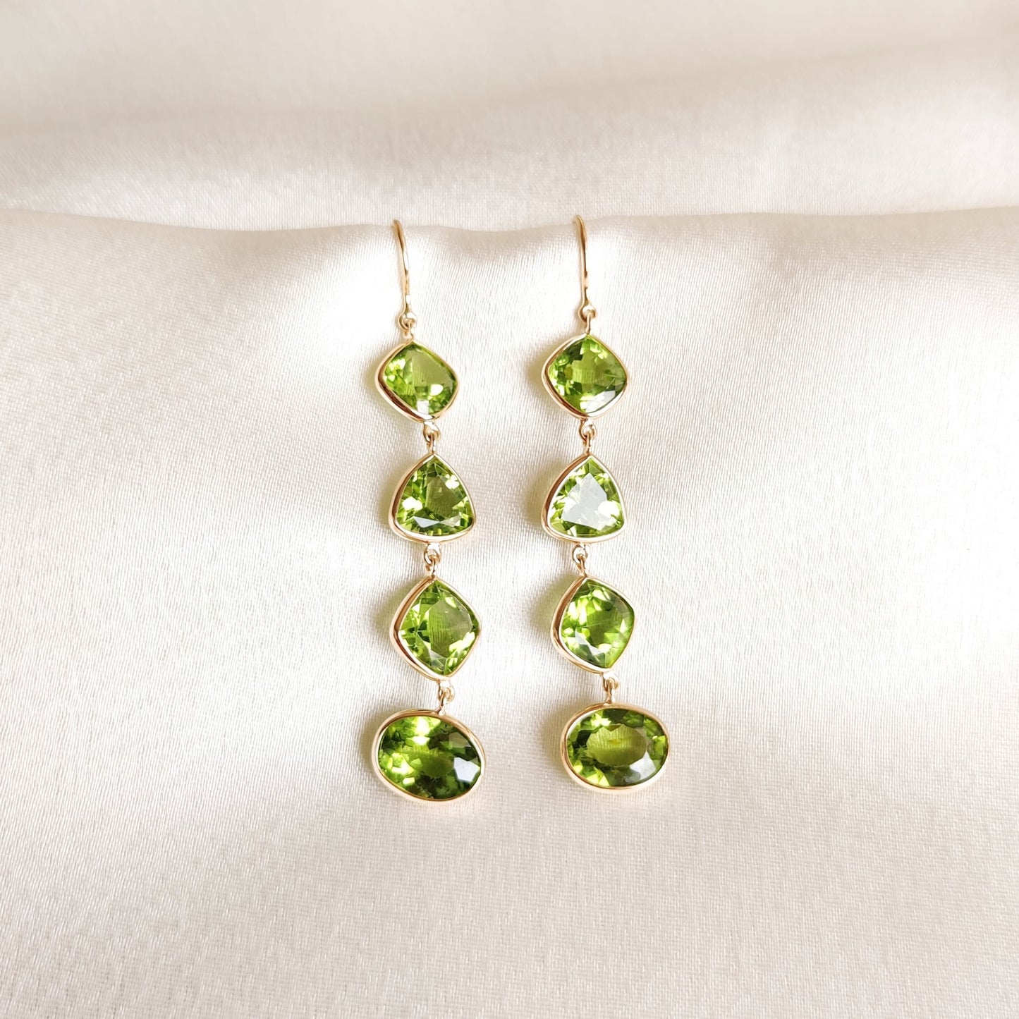 Natural Peridot Earrings, 14K Solid Gold Bezel Earrings, Peridot Danglers, August Birthstone Earrings, Christmas Present, Peridot Jewelry