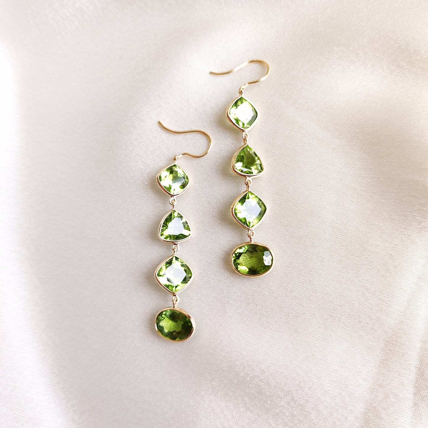 Natural Peridot Earrings, 14K Solid Gold Bezel Earrings, Peridot Danglers, August Birthstone Earrings, Christmas Present, Peridot Jewelry