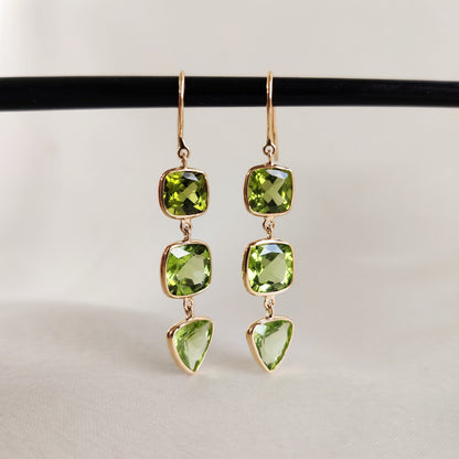 Natural Peridot Earrings, 14K Solid Gold Peridot Bezel Earrings, Peridot Danglers, August Birthstone, Christmas Present, Peridot Jewelry