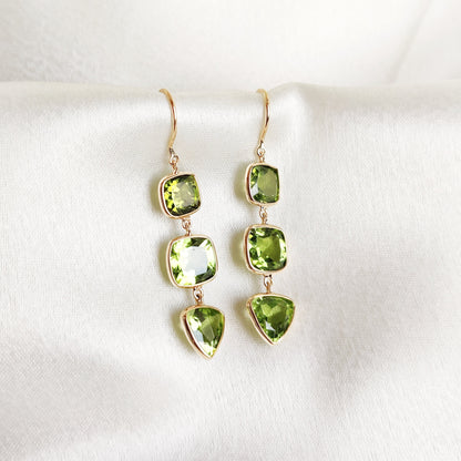 Natural Peridot Earrings, 14K Solid Gold Peridot Bezel Earrings, Peridot Danglers, August Birthstone, Christmas Present, Peridot Jewelry