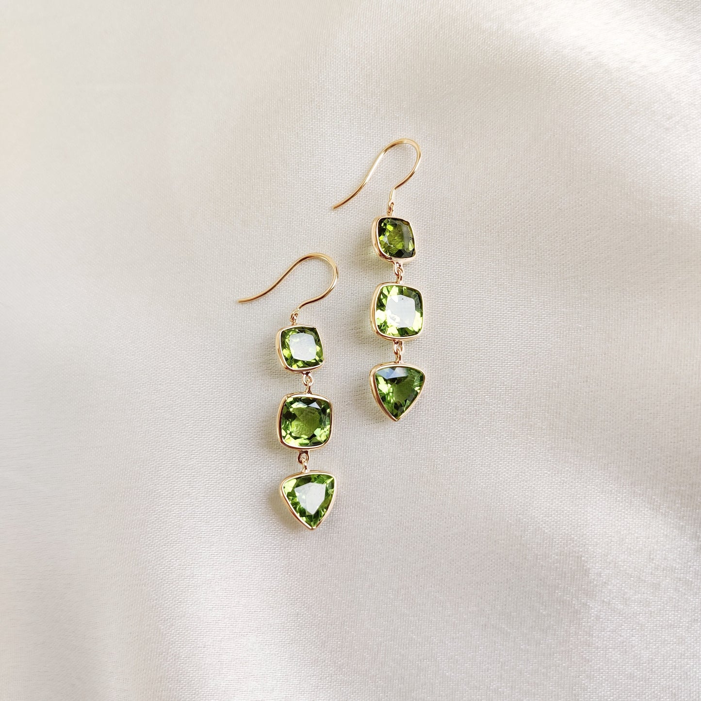 Natural Peridot Earrings, 14K Solid Gold Peridot Bezel Earrings, Peridot Danglers, August Birthstone, Christmas Present, Peridot Jewelry