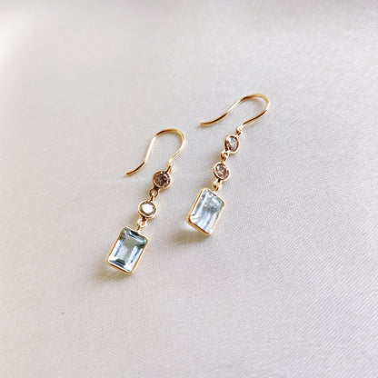 Natural Aquamarine & Diamond Earrings, 14K Solid Gold Bezel Earrings, Aquamarine and Diamond Danglers, March Birthstone, Christmas Present