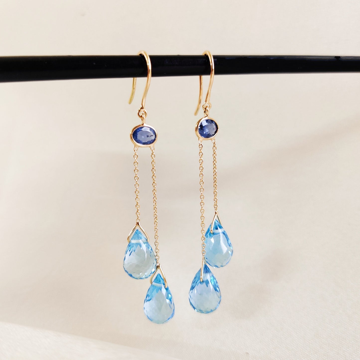 Natural Blue Sapphire & Blue Topaz Earrings, Solid Gold Earrings, Swiss Blue Topaz Drops September, December Birthstone, Birthday Present