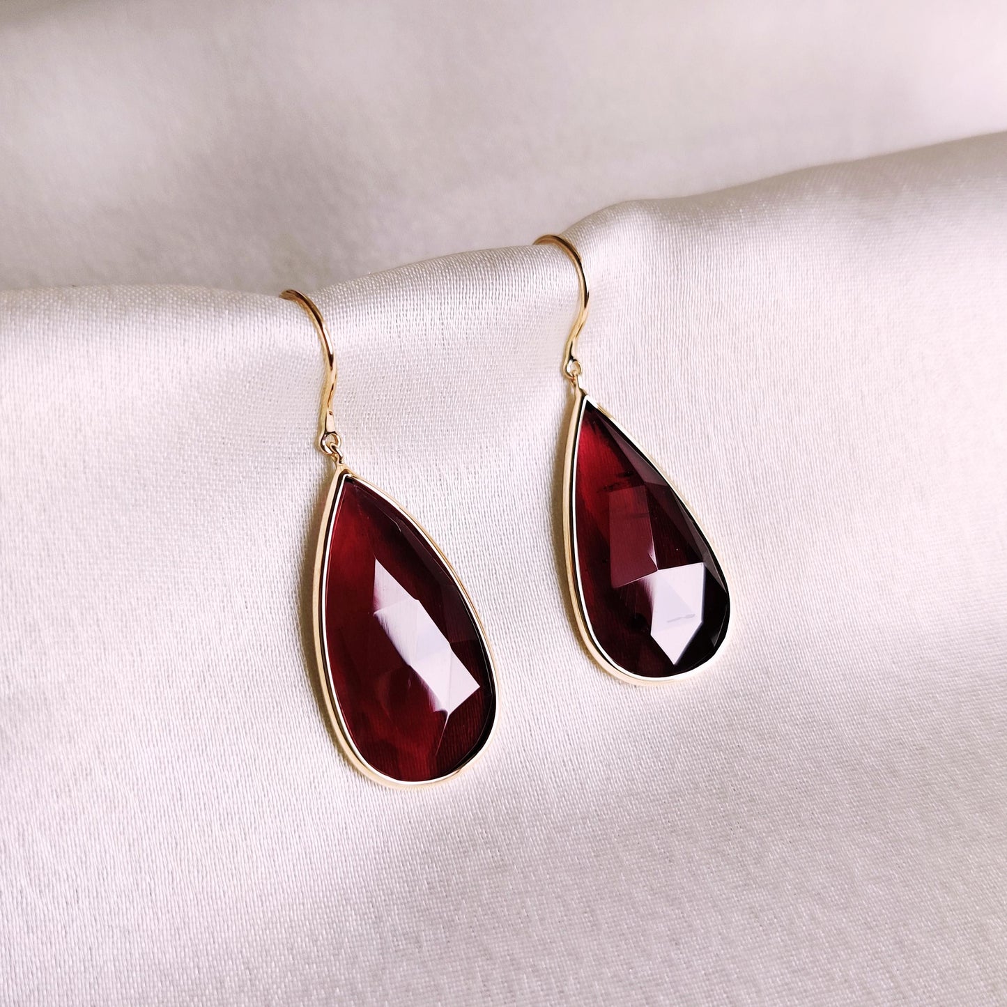 Natural Rhodolite Garnet Earrings, Bezel Earrings, 14K Solid Yellow Gold Earrings, January Birthstone, Dangler Earrings, Christmas Present