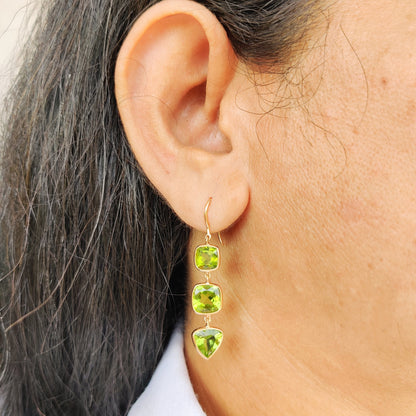 Natural Peridot Earrings, 14K Solid Gold Peridot Bezel Earrings, Peridot Danglers, August Birthstone, Christmas Present, Peridot Jewelry