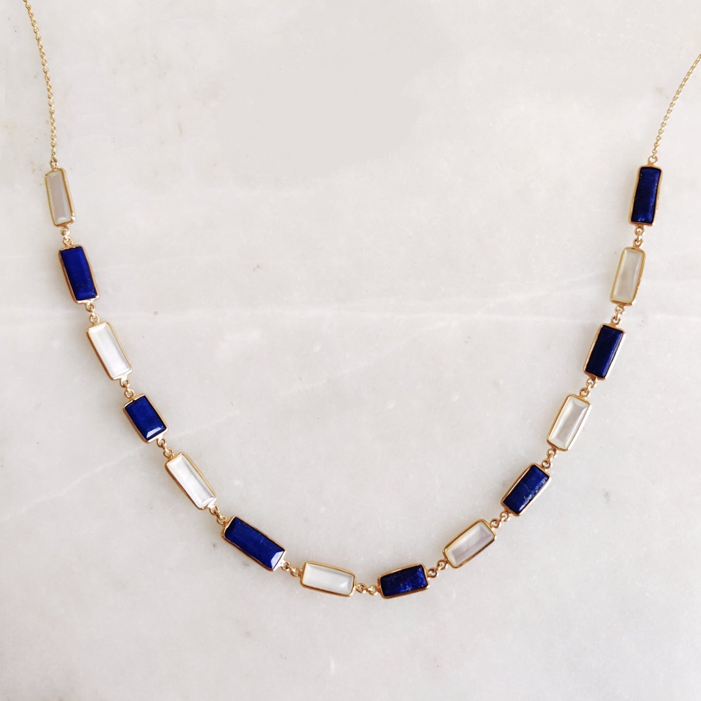 Natural Mother of Pearl & Lapis Lazuli Necklace, 14K Solid Gold Chain Necklace, Multi Stone Necklace, June and September Birthstone Necklace