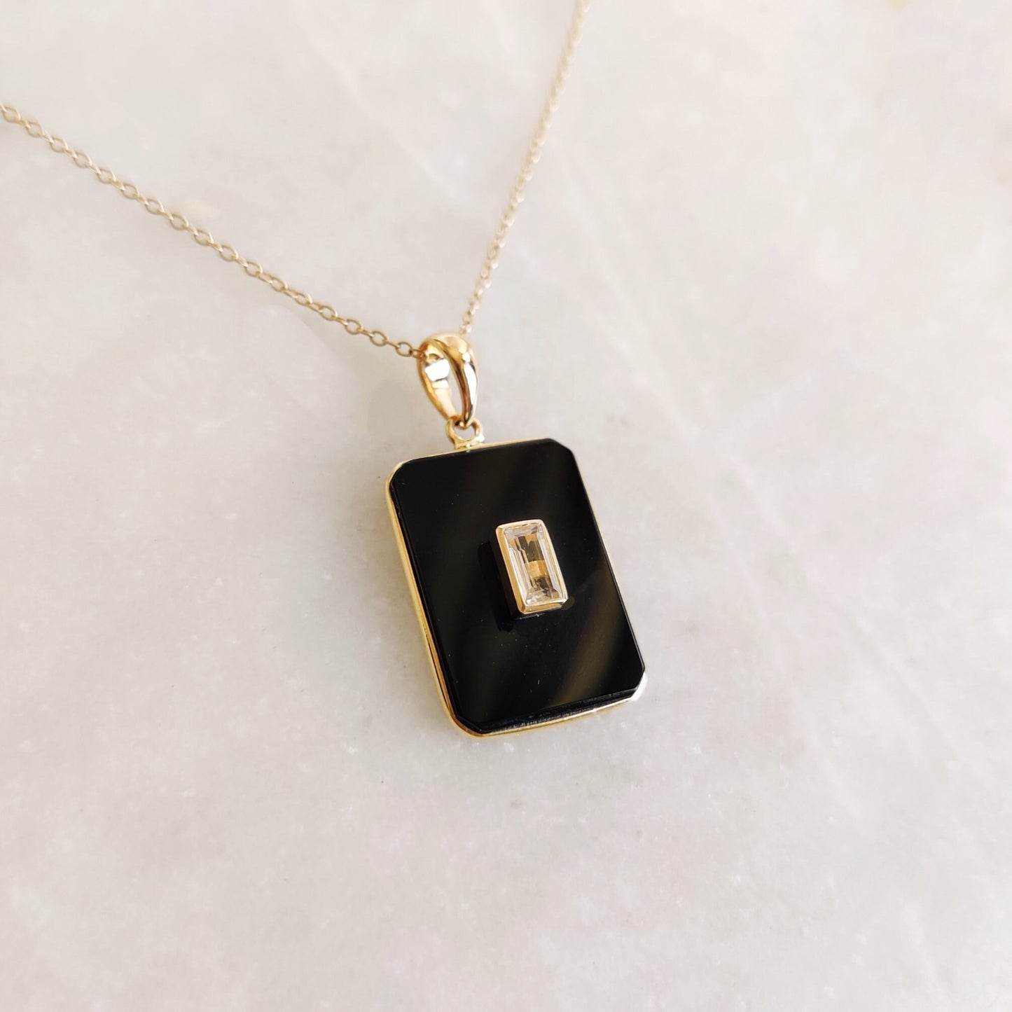 Natural Black Onyx & White Topaz Pendant, 14K Solid Yellow Gold Pendant, December Birthstone Pendant, Multi Stone Pendant, Birthday Present