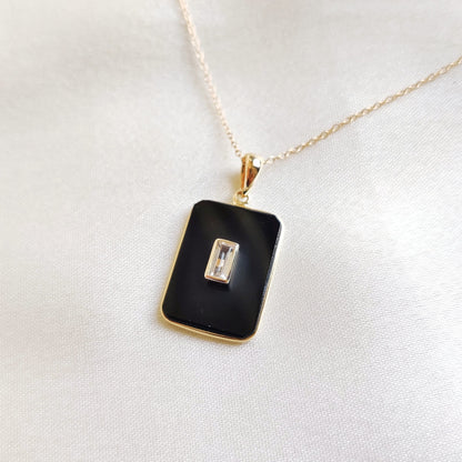 Natural Black Onyx & White Topaz Pendant, 14K Solid Yellow Gold Pendant, December Birthstone Pendant, Multi Stone Pendant, Birthday Present