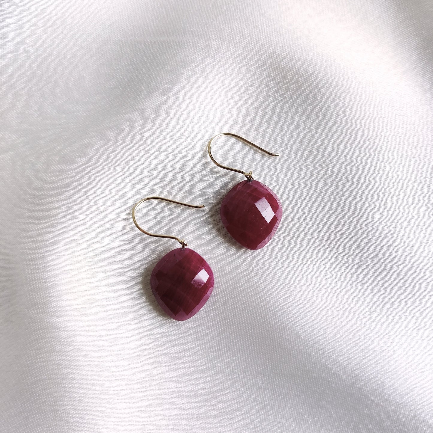 Natural Ruby Earrings, 14K Solid Yellow Gold Ruby Earrings, July Birthstone Earrings, Ruby Jewelry, Birthday Present, Checker Cut Ruby Drops