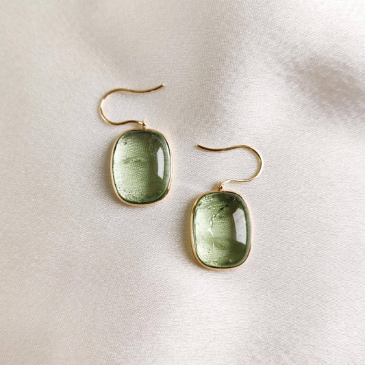 Natural Green Tourmaline Earrings, 14K Solid Yellow Gold Earrings, Tourmaline Bezel Earrings, Green Tourmaline Jewelry, October Birthstone