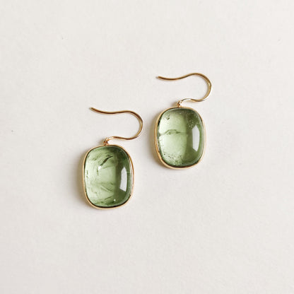 Natural Green Tourmaline Earrings, 14K Solid Yellow Gold Earrings, Tourmaline Bezel Earrings, Green Tourmaline Jewelry, October Birthstone