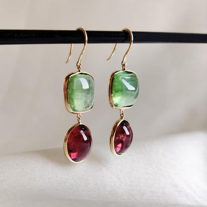 Natural Pink & Green Tourmaline Earrings, 14K Solid Yellow Gold Earrings, Tourmaline Bezel Earrings, Tourmaline Jewelry, October Birthstone