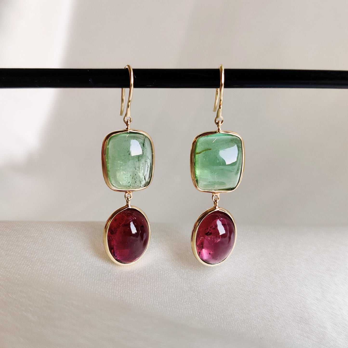 Natural Pink & Green Tourmaline Earrings, 14K Solid Yellow Gold Earrings, Tourmaline Bezel Earrings, Tourmaline Jewelry, October Birthstone