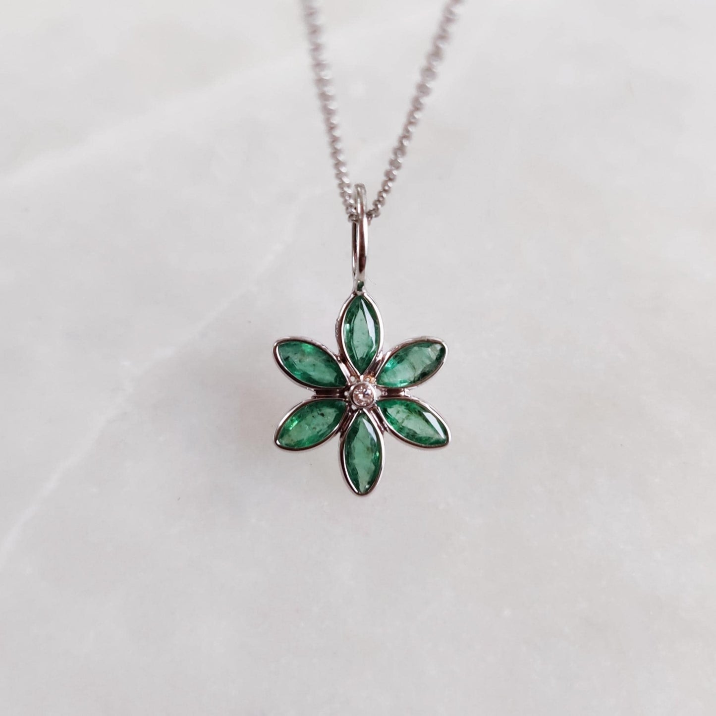 Natural Emerald & Diamond Pendant, 14K Solid White Gold Pendant, Emerald Flower Pendant, May Birthstone Birthstone, White Gold Jewelry