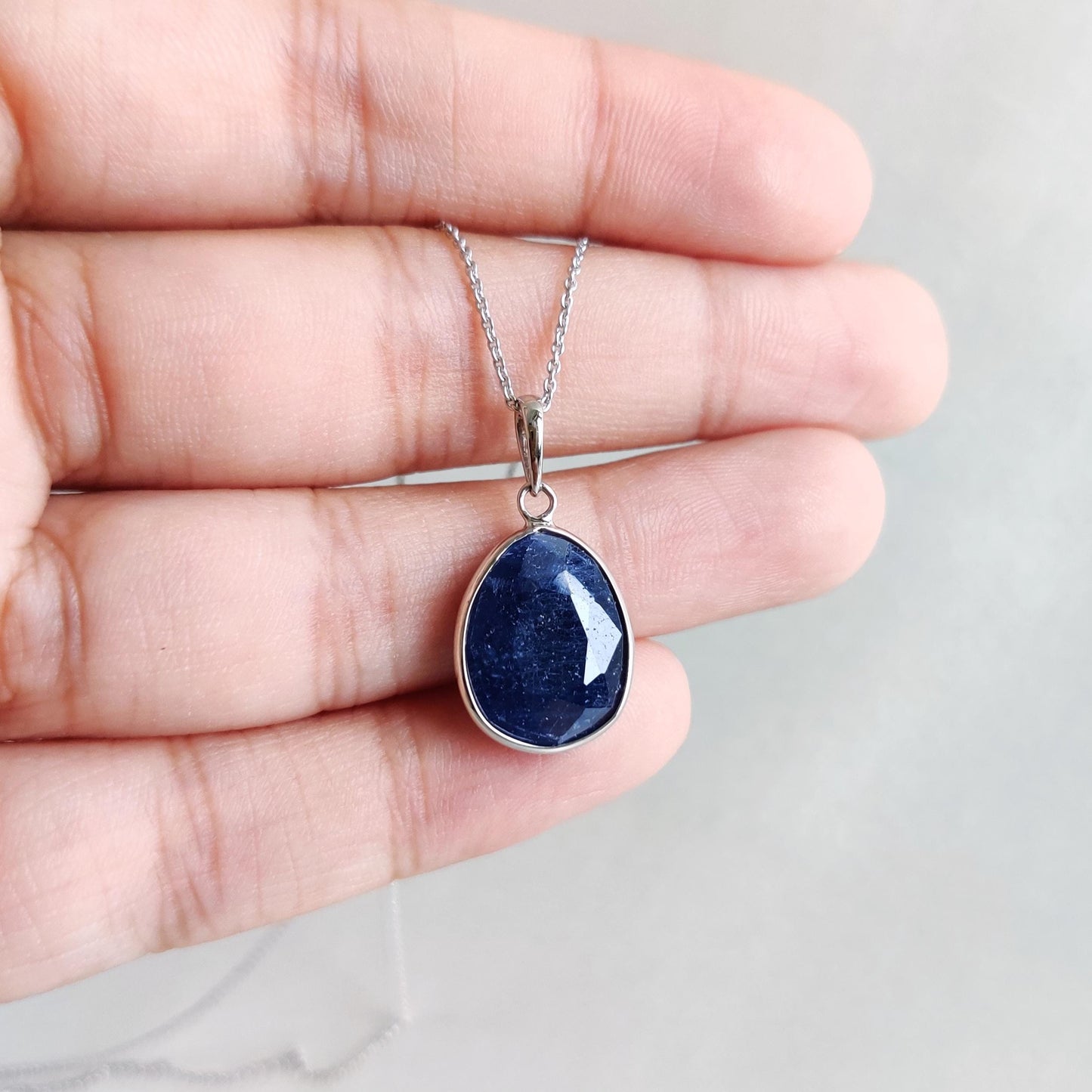 Natural Blue Sapphire Pendant, 14K Solid White Gold Pendant, Blue Sapphire Jewelry, September Birthstone Pendant, White Gold Jewelry