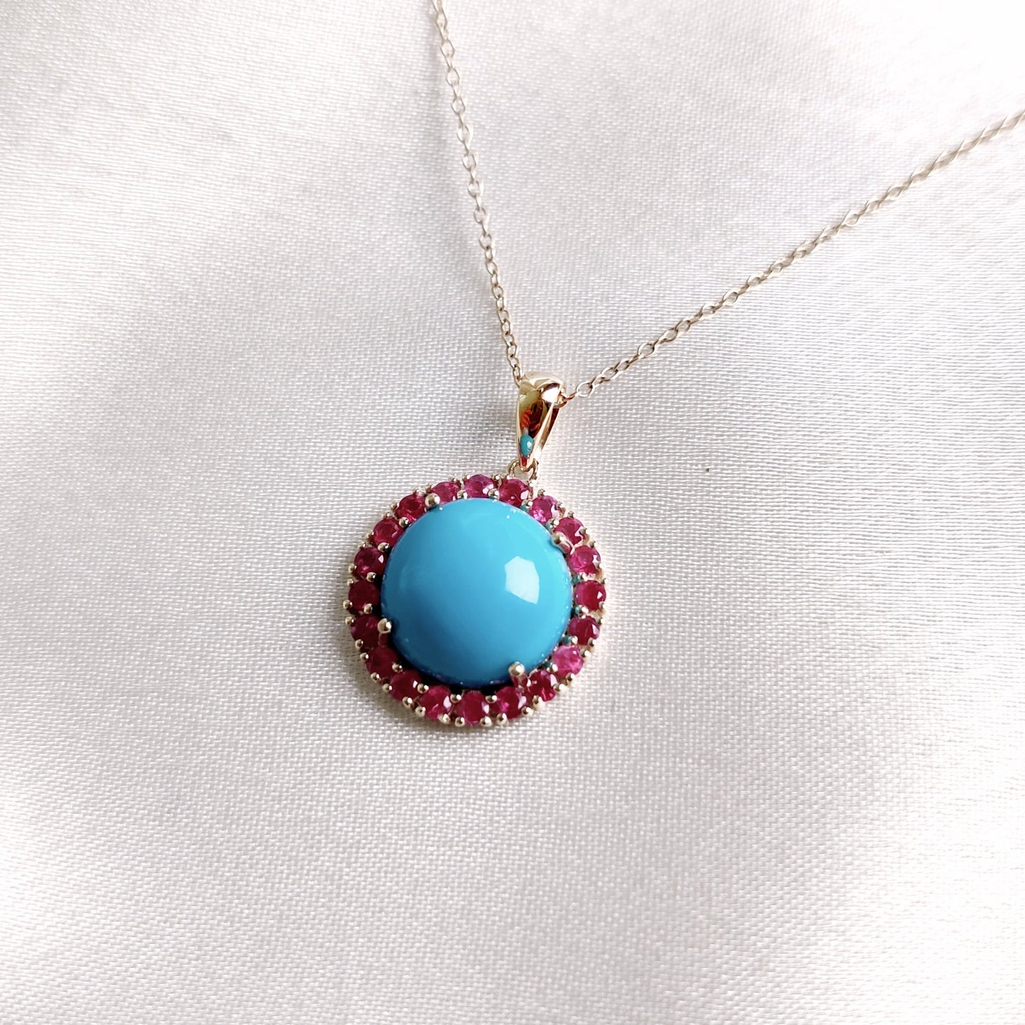 Natural Turquoise & Ruby Pendant, 14K Solid Yellow Gold Pendant, December October Birthstone Pendant, Multi Gemstone Pendant