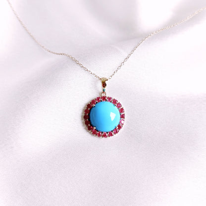 Natural Turquoise & Ruby Pendant, 14K Solid Yellow Gold Pendant, December October Birthstone Pendant, Multi Gemstone Pendant