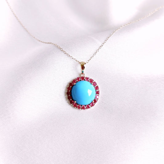 Natural Turquoise & Ruby Pendant, 14K Solid Yellow Gold Pendant, December October Birthstone Pendant, Multi Gemstone Pendant