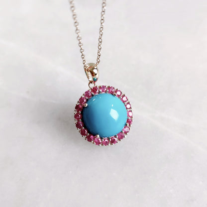 Natural Turquoise & Ruby Pendant, 14K Solid Yellow Gold Pendant, December October Birthstone Pendant, Multi Gemstone Pendant