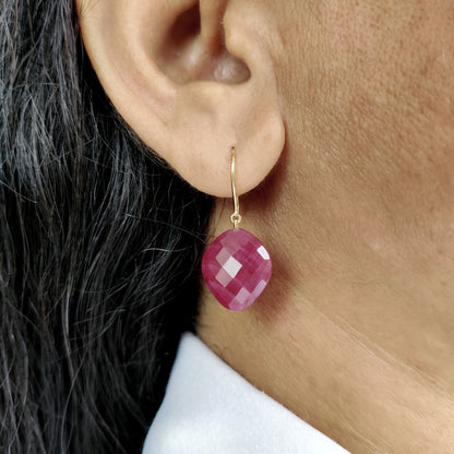 Natural Ruby Earrings, 14K Solid Yellow Gold Ruby Earrings, July Birthstone Earrings, Ruby Jewelry, Birthday Present, Checker Cut Ruby Drops