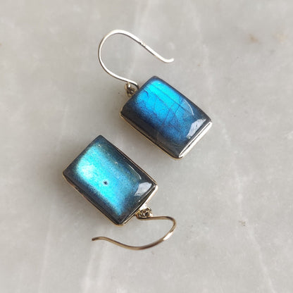 Natural Labradorite Earrings, 14K Solid Yellow Gold Earrings, August Birthstone Earrings, Blue Labradorite Jewelry, Christmas Present