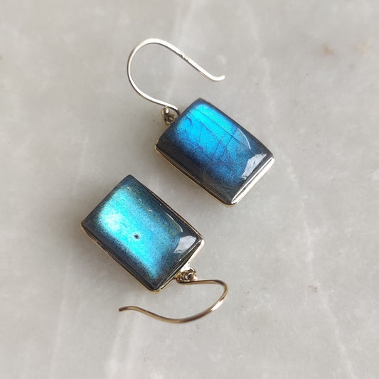 Natural Labradorite Earrings, 14K Solid Yellow Gold Earrings, August Birthstone Earrings, Blue Labradorite Jewelry, Christmas Present