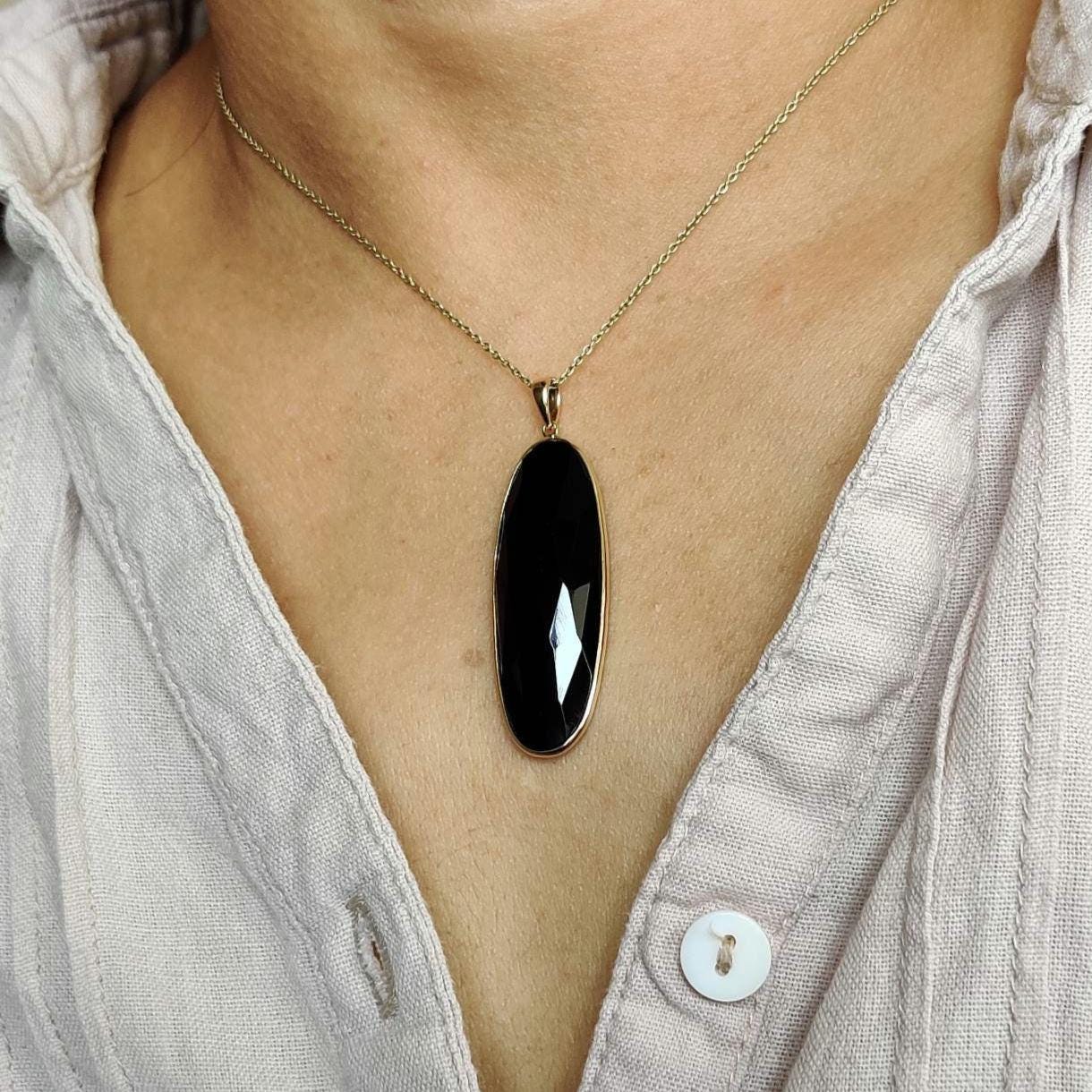 Natural Black Onyx Pendant, 14K Solid Yellow Gold Onyx Pendant, December Birthstone Pendant, Natural Onyx Jewelry, Christmas Present