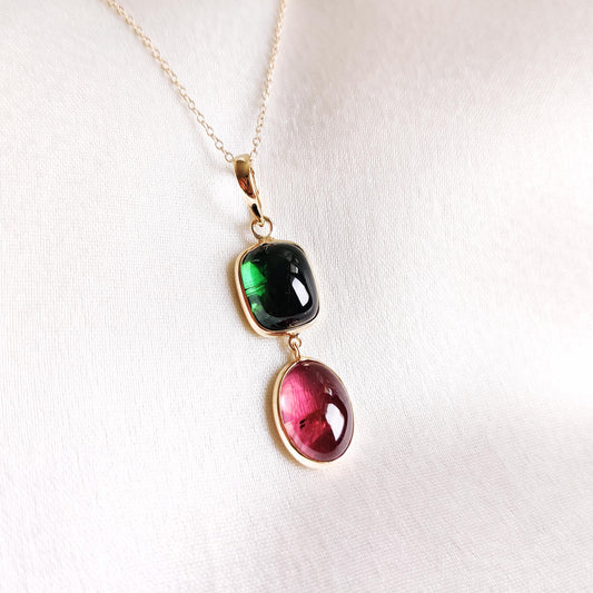 Natural Pink & Green Tourmaline Pendant, 14K Solid Yellow Gold Pendant, October Birthstone Pendant, Multi Tourmaline Jewelry, Christmas Gift