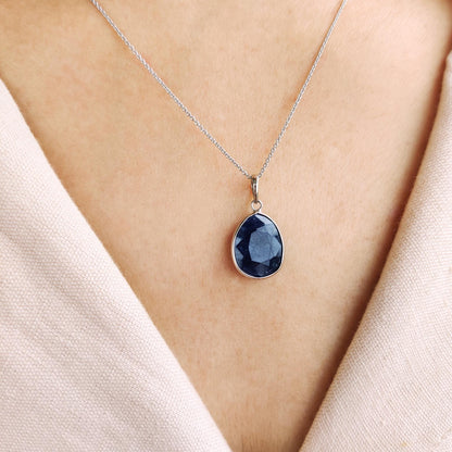 Natural Blue Sapphire Pendant, 14K Solid White Gold Pendant, Blue Sapphire Jewelry, September Birthstone Pendant, White Gold Jewelry