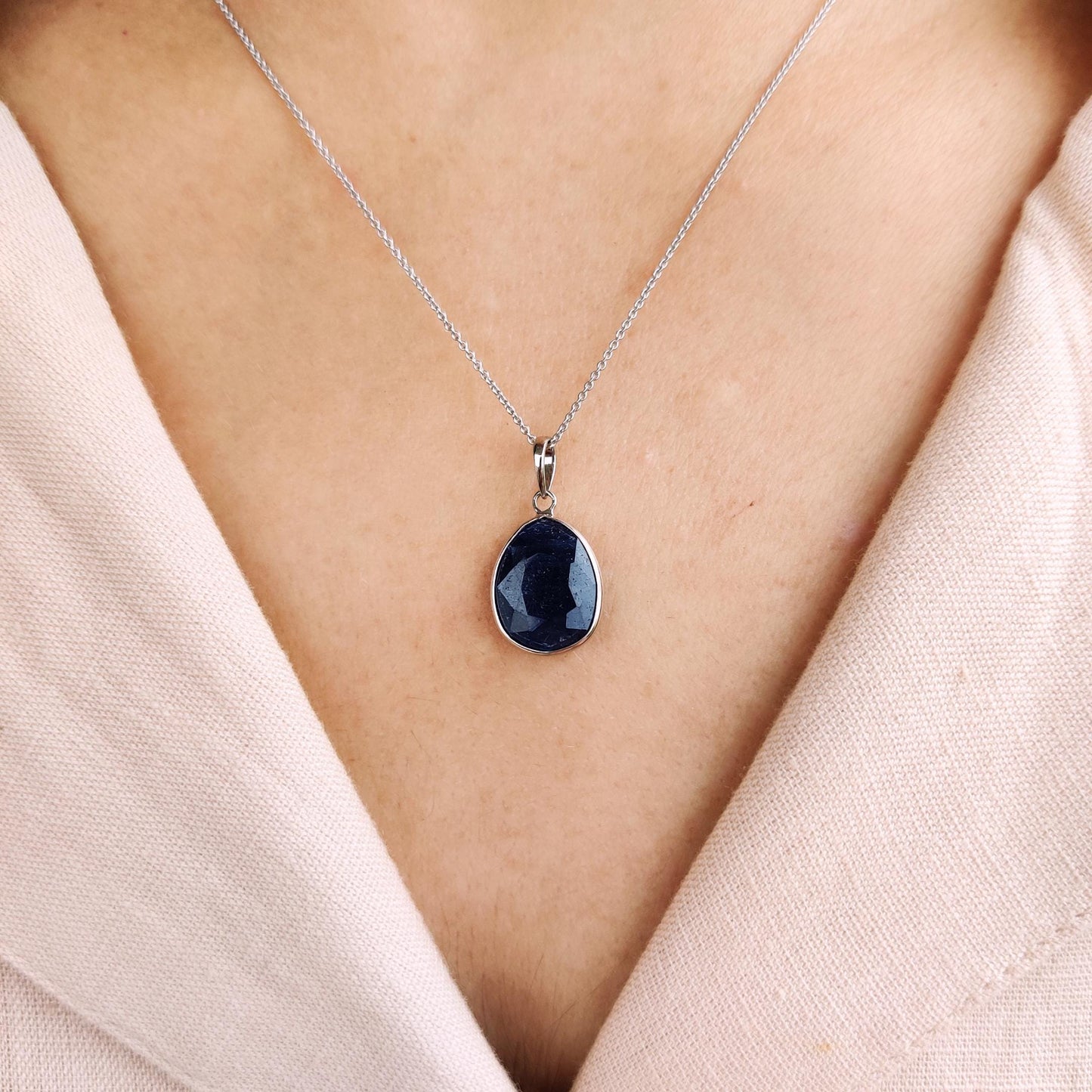 Natural Blue Sapphire Pendant, 14K Solid White Gold Pendant, Blue Sapphire Jewelry, September Birthstone Pendant, White Gold Jewelry