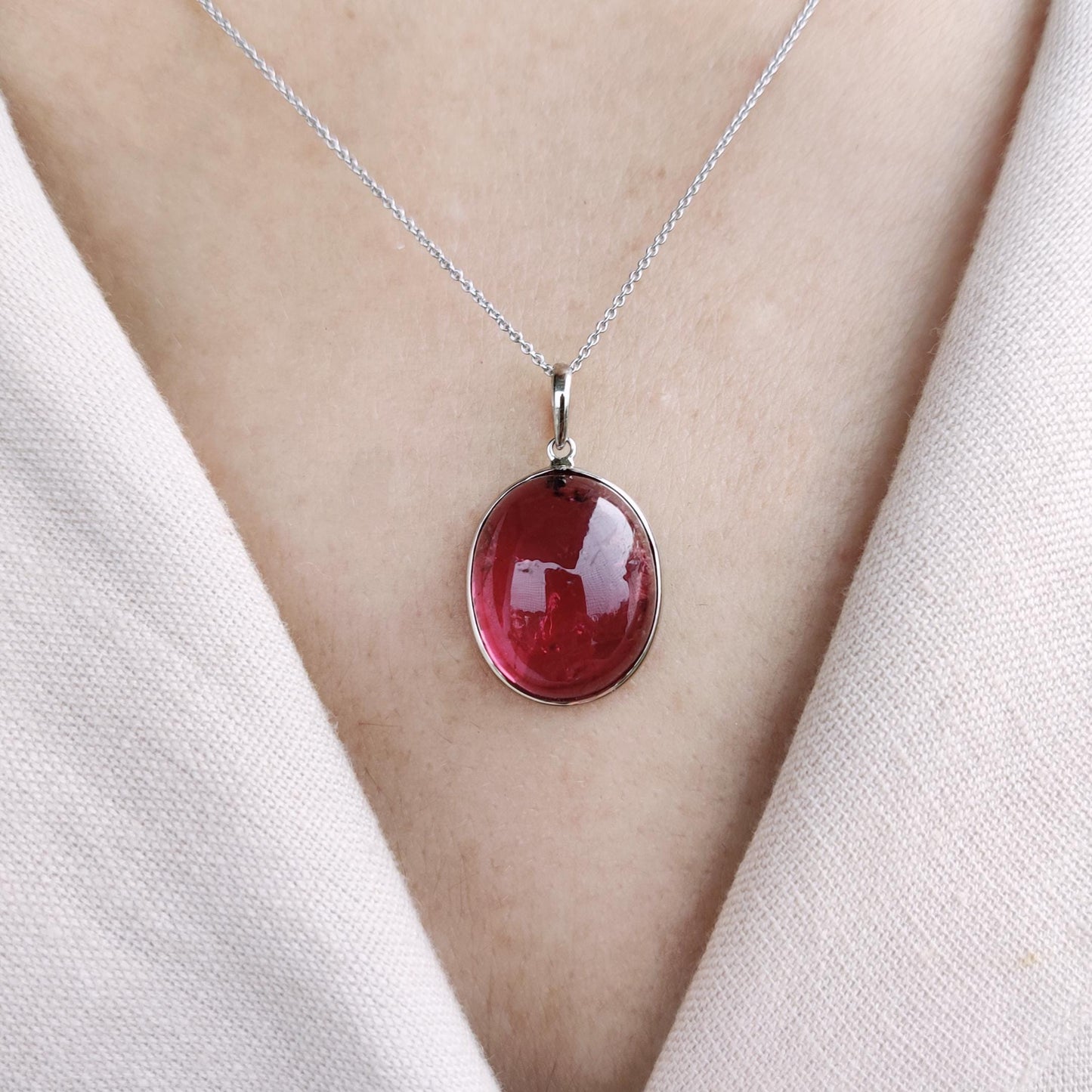 Natural Rubellite Pink Tourmaline Pendant, 14K Solid White Gold Tourmaline Pendant, October Birthstone Pendant, Bezel Set Tourmaline Pendant