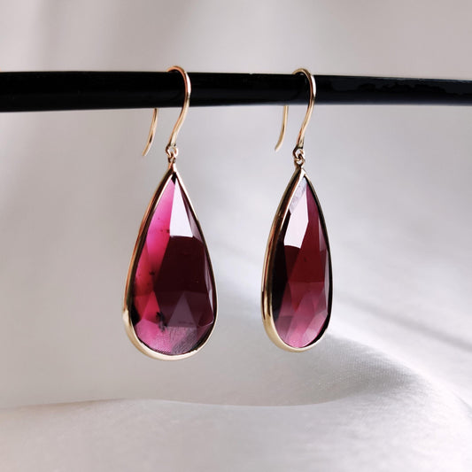 Natural Rhodolite Garnet Earrings, Bezel Earrings, 14K Solid Yellow Gold Earrings, January Birthstone, Dangler Earrings, Christmas Present