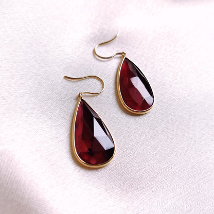 Natural Rhodolite Garnet Earrings, Bezel Earrings, 14K Solid Yellow Gold Earrings, January Birthstone, Dangler Earrings, Christmas Present