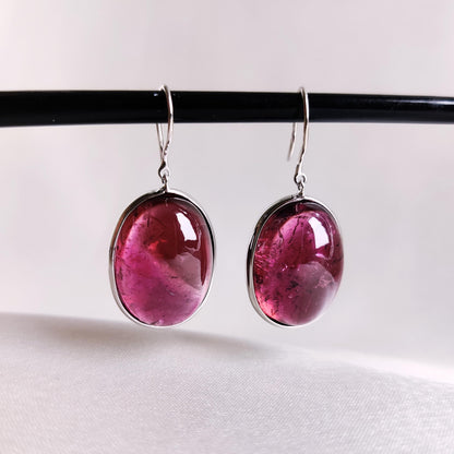 Natural Rubellite Pink Tourmaline Earrings, 14K Solid White Gold Earrings, Tourmaline Bezel Earrings, Tourmaline Jewelry, October Birthstone