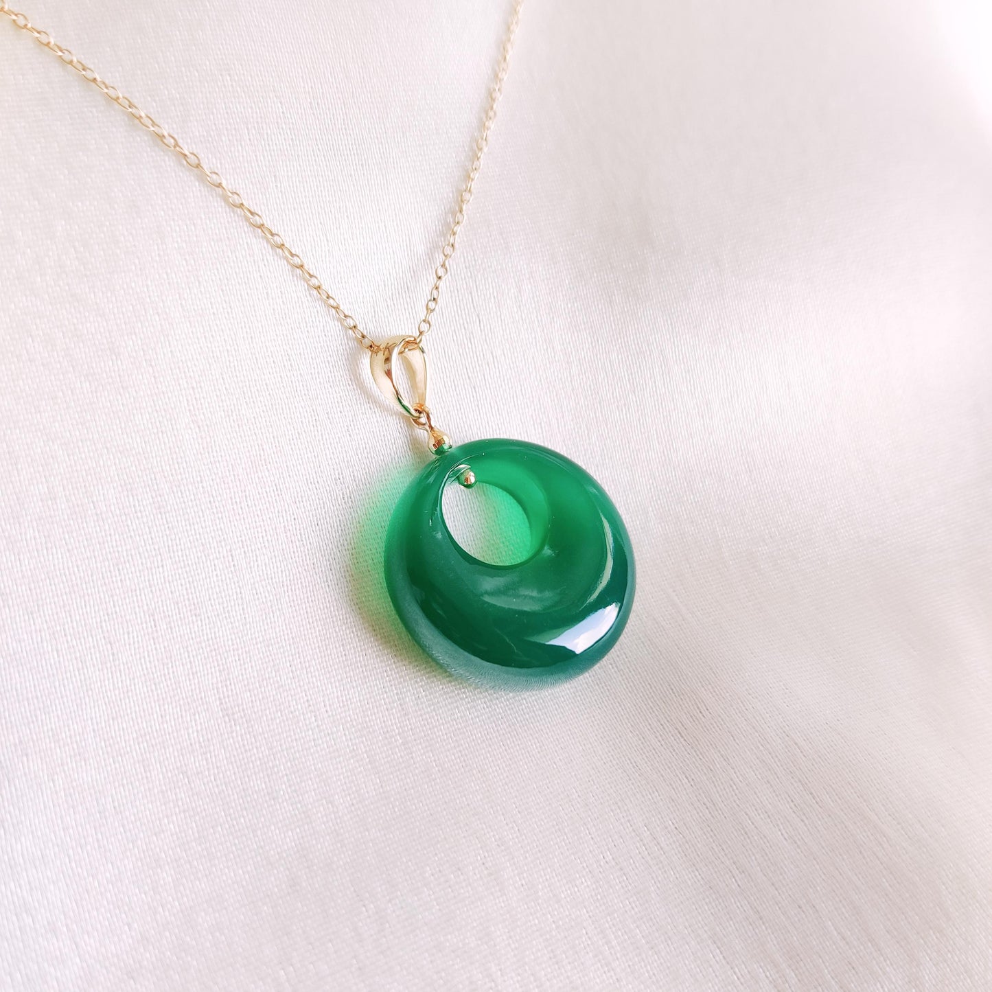 Natural Green Onyx Donut Pendant, 14K Solid Yellow Gold Onyx Donut Pendant, May Birthstone Pendant, Green Onyx Jewelry, Christmas Present