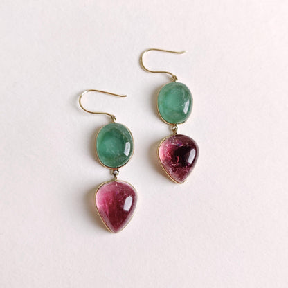 Natural Pink & Green Tourmaline Earrings, 14K Solid Yellow Gold Earrings, October Birthstone Earring, Tourmaline Earrings, Christmas Present