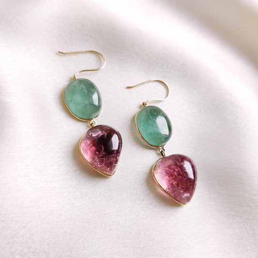 Natural Pink & Green Tourmaline Earrings, 14K Solid Yellow Gold Earrings, October Birthstone Earring, Tourmaline Earrings, Christmas Present