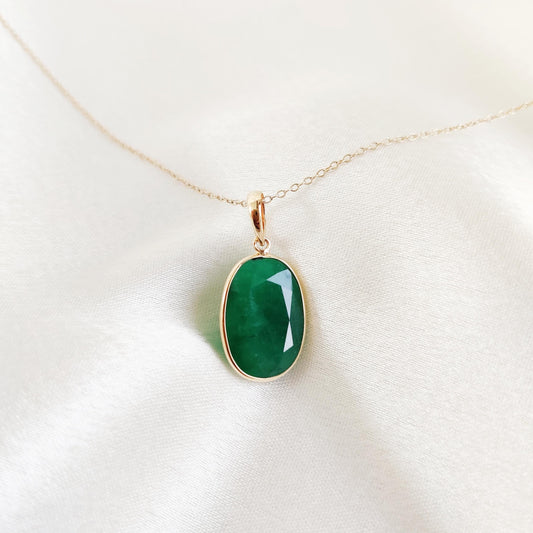 Natural Emerald Pendant, 14K Solid Yellow Gold Emerald Pendant, May Birthstone Pendant, Oval Emerald Bezel Set Pendant, Christmas Present