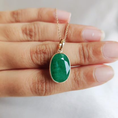 Natural Emerald Pendant, 14K Solid Yellow Gold Emerald Pendant, May Birthstone Pendant, Oval Emerald Bezel Set Pendant, Christmas Present