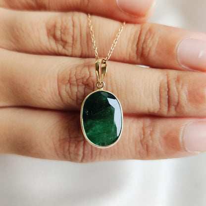 Natural Emerald Pendant, 14K Solid Yellow Gold Emerald Pendant, May Birthstone Pendant, Bezel Set Pendant, Oval Pendant, Christmas Present