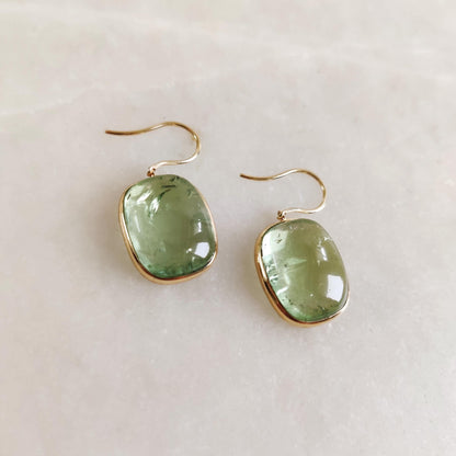 Natural Green Tourmaline Earrings, 14K Solid Yellow Gold Earrings, Tourmaline Bezel Earrings, Green Tourmaline Jewelry, October Birthstone