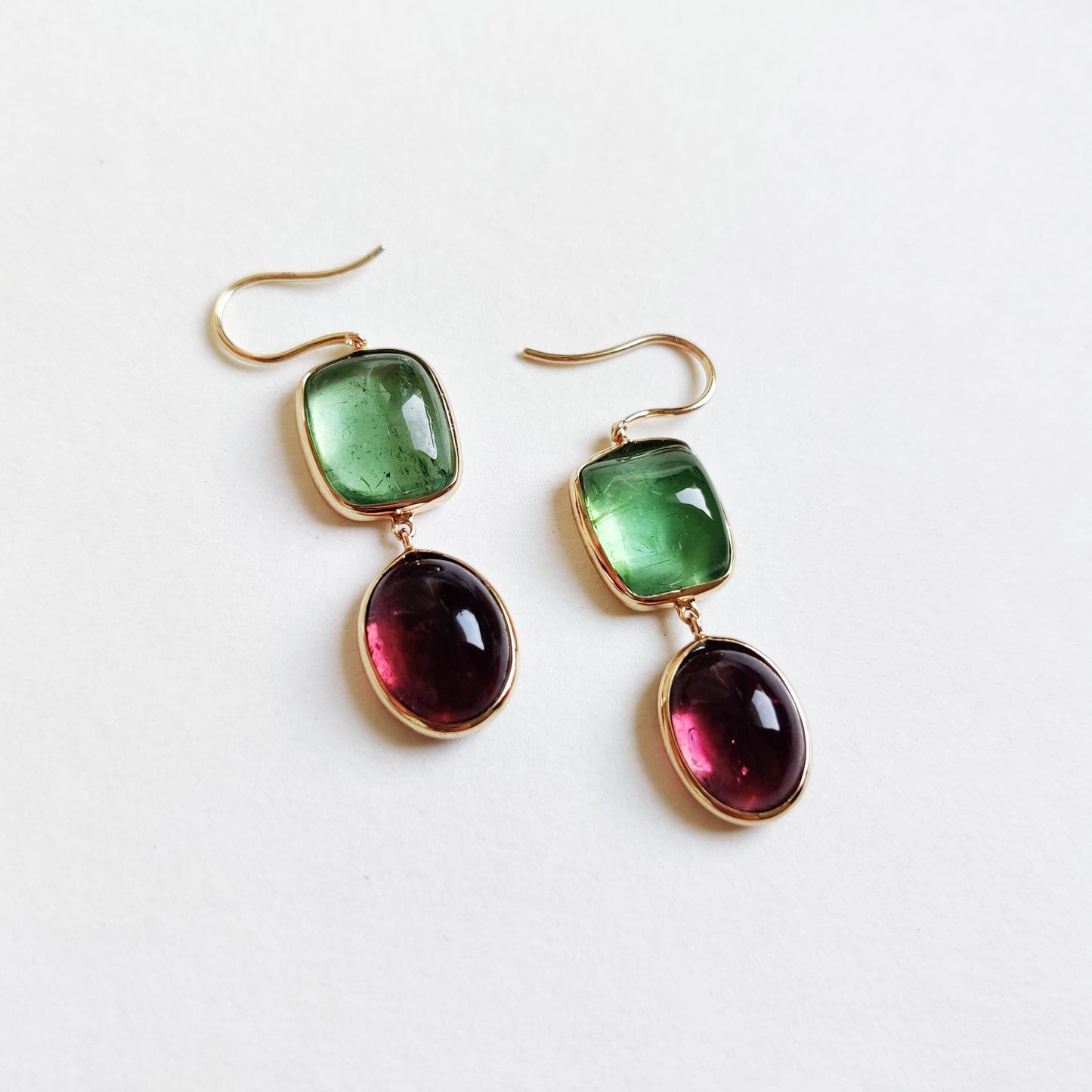 Natural Pink & Green Tourmaline Earrings, 14K Solid Yellow Gold Earrings, Tourmaline Bezel Earrings, Tourmaline Jewelry, October Birthstone