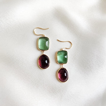 Natural Pink & Green Tourmaline Earrings, 14K Solid Yellow Gold Earrings, Tourmaline Bezel Earrings, Tourmaline Jewelry, October Birthstone