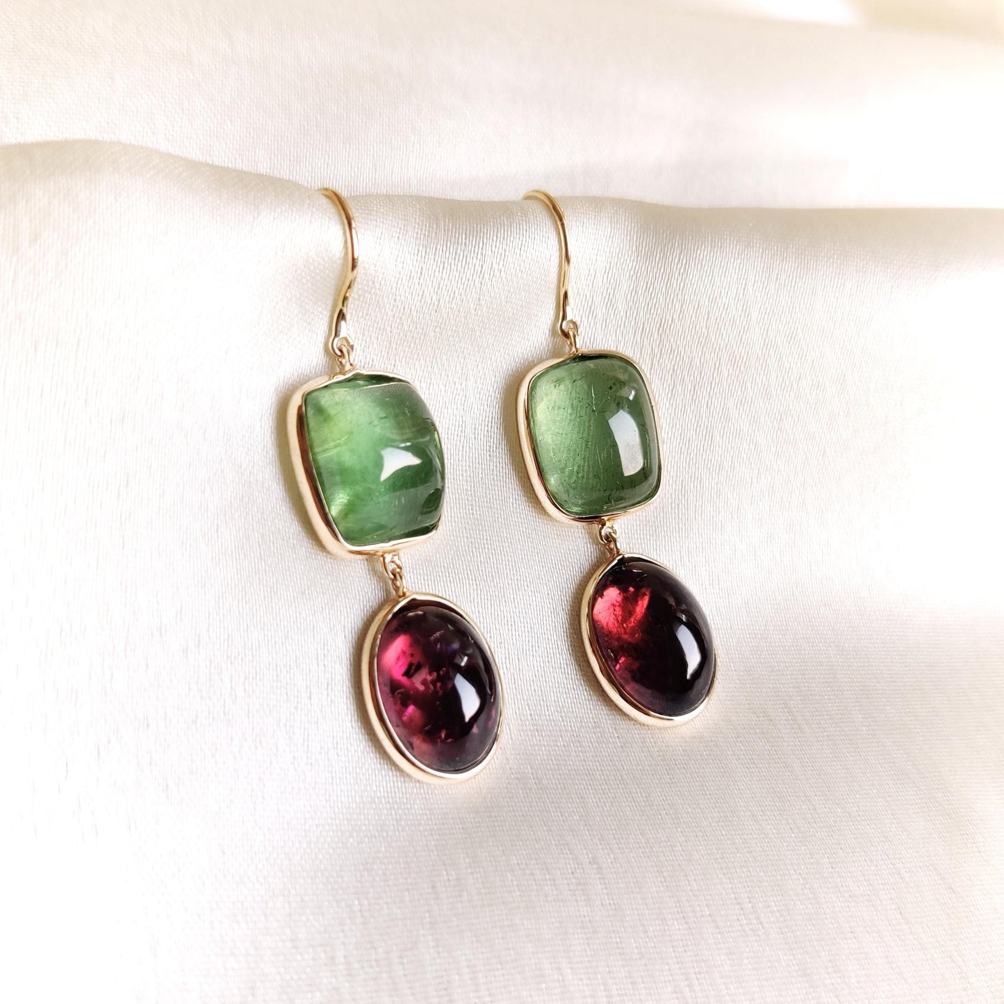 Natural Pink & Green Tourmaline Earrings, 14K Solid Yellow Gold Earrings, Tourmaline Bezel Earrings, Tourmaline Jewelry, October Birthstone