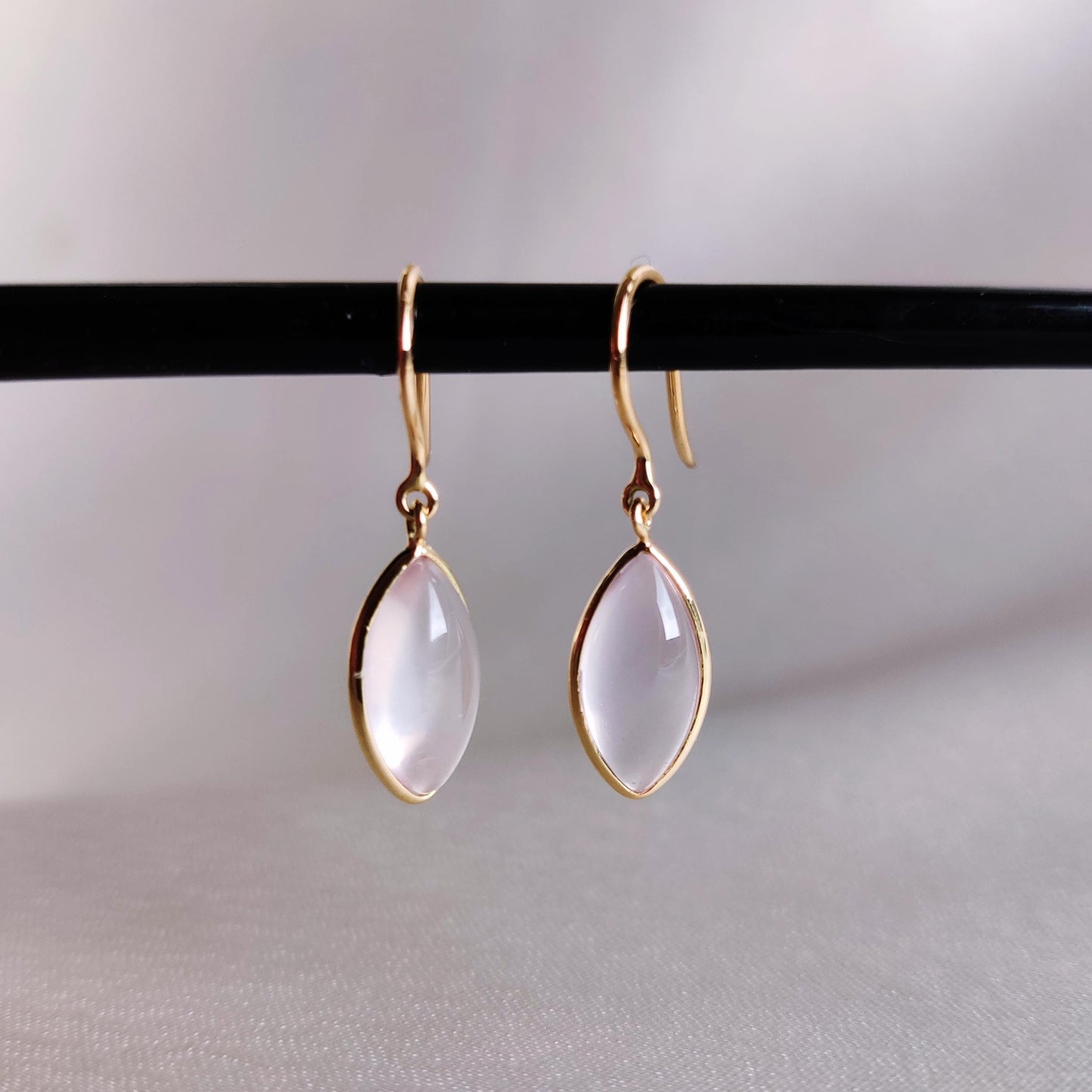 Natural Rose Quartz Earrings, 14K Solid Yellow Gold Rose Quartz Earrings, January Birthstone Earrings, Bezel Earrings, Christmas Present