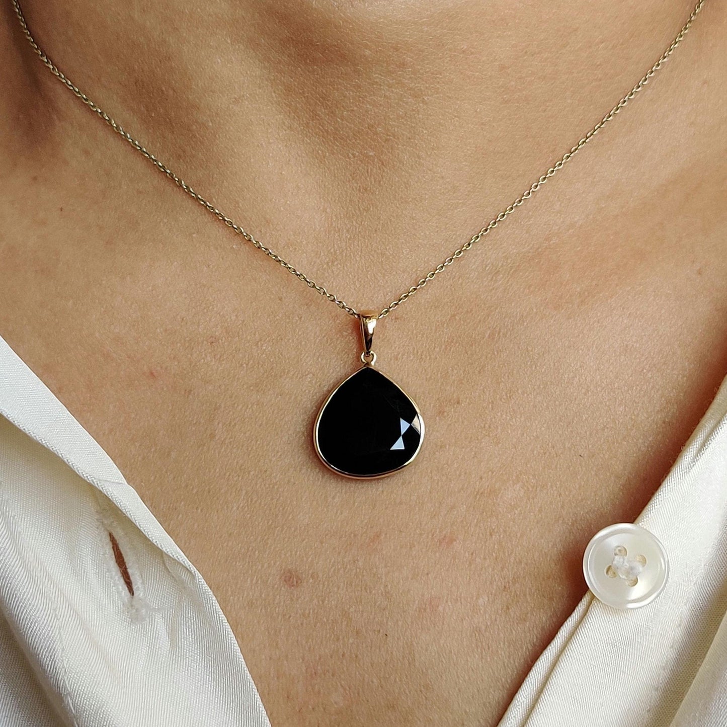 Natural Black Onyx Pendant, 14K Solid Yellow Gold Onyx Pendant, December Birthstone Pendant, Natural Onyx Jewelry, Christmas Present