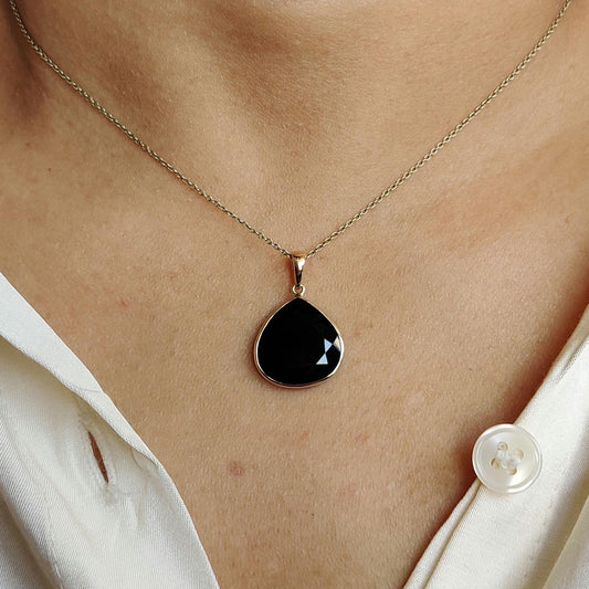 Natural Black Onyx Pendant, 14K Solid Yellow Gold Onyx Pendant, December Birthstone Pendant, Natural Onyx Jewelry, Christmas Present