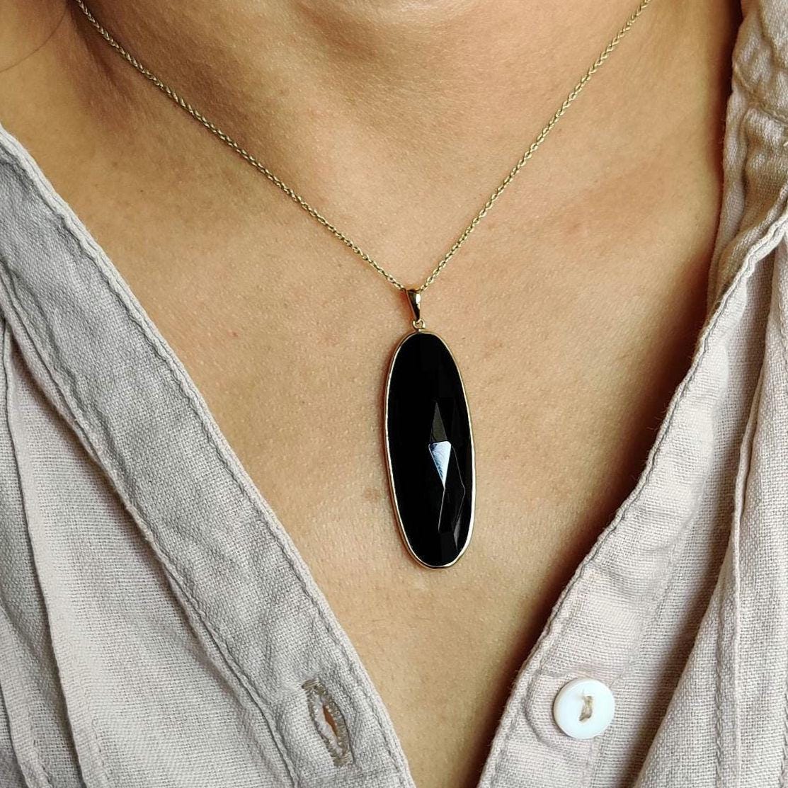 Natural Black Onyx Pendant, 14K Solid Yellow Gold Onyx Pendant, December Birthstone Pendant, Natural Onyx Jewelry, Christmas Present