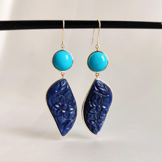 Natural Turquoise & Blue Sapphire Earrings, 14K Solid Yellow Gold Earrings, Bezel Set Earrings, Sapphire Carving Danglers, Christmas Present